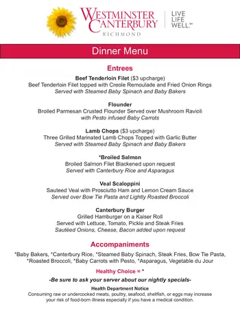 Dining menu of Westminster Canterbury Richmond, Assisted Living, Nursing Home, Independent Living, CCRC, Richmond, VA 4