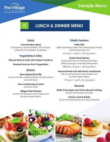 Dining menu of The Village at Gainesville, Assisted Living, Nursing Home, Independent Living, CCRC, Gainesville, FL 1
