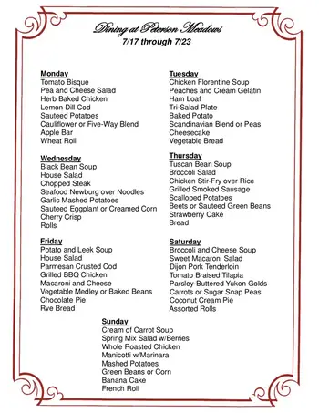 Dining menu of Peterson Meadows, Assisted Living, Nursing Home, Independent Living, CCRC, Rockford, IL 1