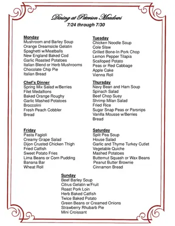 Dining menu of Peterson Meadows, Assisted Living, Nursing Home, Independent Living, CCRC, Rockford, IL 2