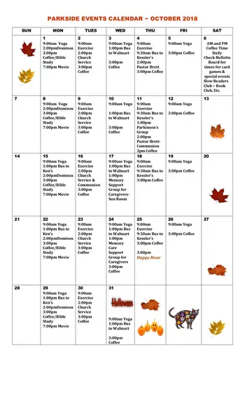 Activity Calendar of Bethesda Parkside Retirement Community, Assisted Living, Nursing Home, Independent Living, CCRC, Aberdeen, SD 5