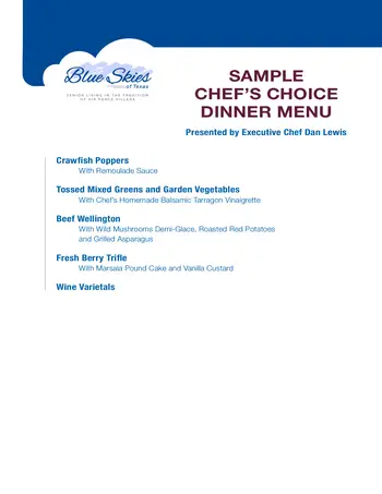 Dining menu of Blue Skies of Texas, Assisted Living, Nursing Home, Independent Living, CCRC, San Antonio, TX 2