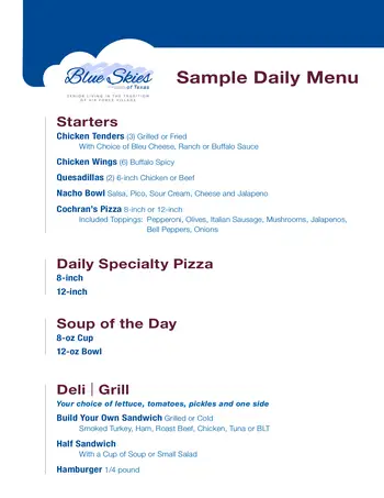 Dining menu of Blue Skies of Texas, Assisted Living, Nursing Home, Independent Living, CCRC, San Antonio, TX 4