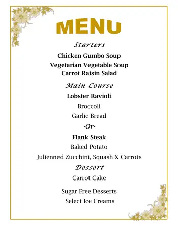 Dining menu of Lourdes Noreen-McKeen Retirement Community, Assisted Living, Nursing Home, Independent Living, CCRC, West Palm Beach, FL 1