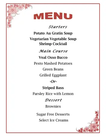 Dining menu of Lourdes Noreen-McKeen Retirement Community, Assisted Living, Nursing Home, Independent Living, CCRC, West Palm Beach, FL 2