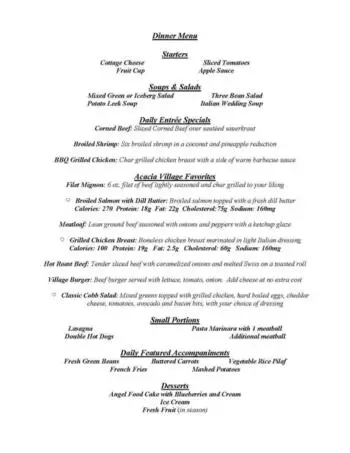Dining menu of Acacia Village, Assisted Living, Nursing Home, Independent Living, CCRC, Utica, NY 1