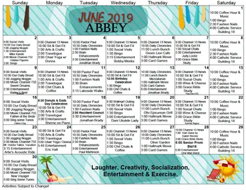 Activity Calendar of Bishop's Glen Retirement Center, Assisted Living, Nursing Home, Independent Living, CCRC, Daytona Beach, FL 1