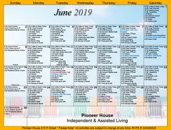 Activity Calendar of Pioneer House, Assisted Living, Nursing Home, Independent Living, CCRC, Sacramento, CA 1