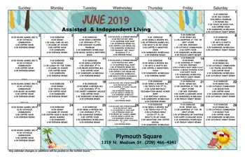 Activity Calendar of Plymouth Square, Assisted Living, Nursing Home, Independent Living, CCRC, Stockton, CA 1