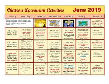 Activity Calendar of Chateau De Notre Dame, Assisted Living, Nursing Home, Independent Living, CCRC, New Orleans, LA 1