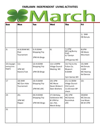 Activity Calendar of Fairlawn Retirement Community, Assisted Living, Nursing Home, Independent Living, CCRC, Archbold, OH 2