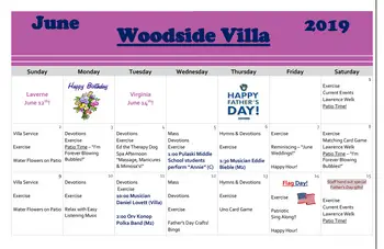 Activity Calendar of Woodside Senior Communities, Assisted Living, Nursing Home, Independent Living, CCRC, Green Bay, WI 5