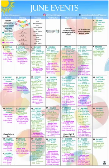 Activity Calendar of Bethany, Assisted Living, Nursing Home, Independent Living, CCRC, Waupaca, WI 1