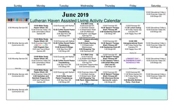 Activity Calendar of Lutheran Haven, Assisted Living, Nursing Home, Independent Living, CCRC, Oviedo, FL 1
