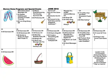 Activity Calendar of Morrow Home Community, Assisted Living, Nursing Home, Independent Living, CCRC, Sparta, WI 5