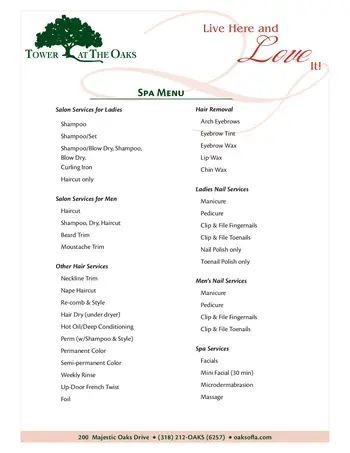 Dining menu of The Oaks of Lousiana, Assisted Living, Nursing Home, Independent Living, CCRC, Shreveport, LA 5