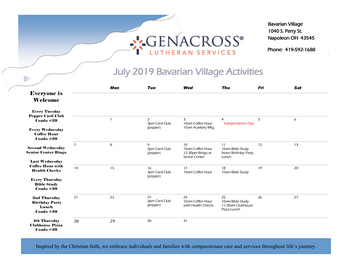 Activity Calendar of Genacross Lutheran Services Napoleon, Assisted Living, Nursing Home, Independent Living, CCRC, Napoleon, OH 1