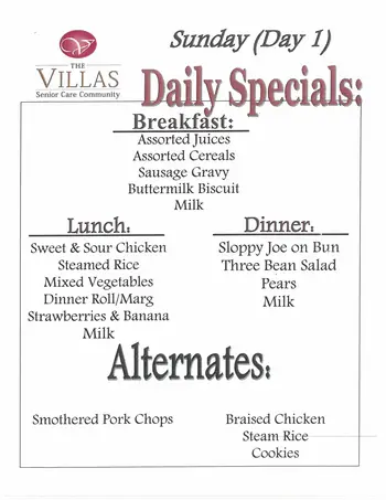 Dining menu of The Villas Senior Care Community, Assisted Living, Nursing Home, Independent Living, CCRC, Sherman, IL 1