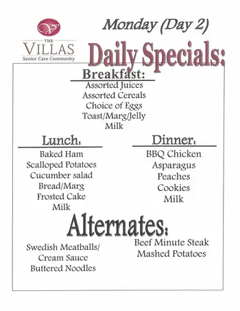 Dining menu of The Villas Senior Care Community, Assisted Living, Nursing Home, Independent Living, CCRC, Sherman, IL 2