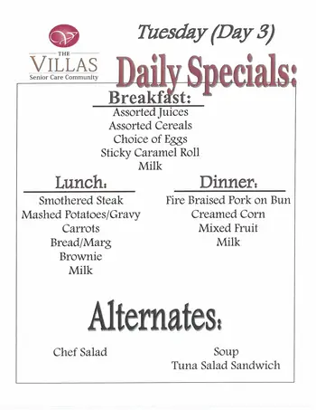 Dining menu of The Villas Senior Care Community, Assisted Living, Nursing Home, Independent Living, CCRC, Sherman, IL 3