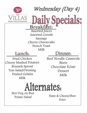 Dining menu of The Villas Senior Care Community, Assisted Living, Nursing Home, Independent Living, CCRC, Sherman, IL 4