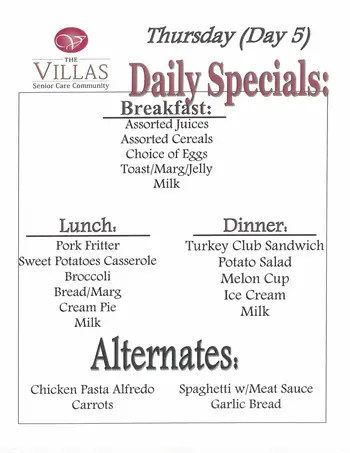 Dining menu of The Villas Senior Care Community, Assisted Living, Nursing Home, Independent Living, CCRC, Sherman, IL 5