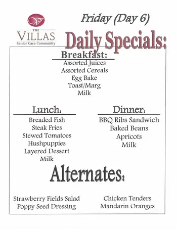 Dining menu of The Villas Senior Care Community, Assisted Living, Nursing Home, Independent Living, CCRC, Sherman, IL 6