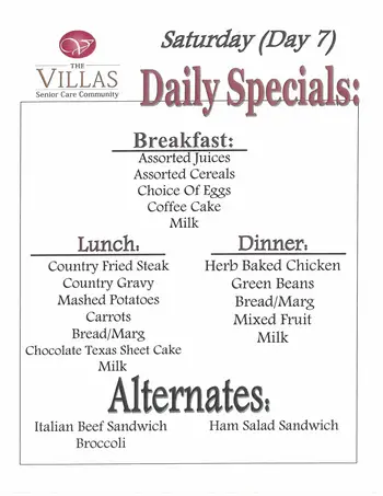 Dining menu of The Villas Senior Care Community, Assisted Living, Nursing Home, Independent Living, CCRC, Sherman, IL 7