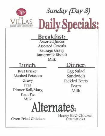 Dining menu of The Villas Senior Care Community, Assisted Living, Nursing Home, Independent Living, CCRC, Sherman, IL 8