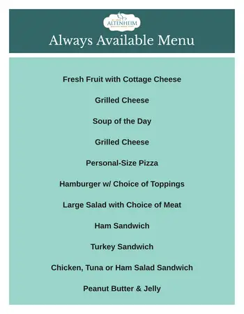 Dining menu of Altenheim St. Louis, Assisted Living, Nursing Home, Independent Living, CCRC, Saint Louis, MO 2